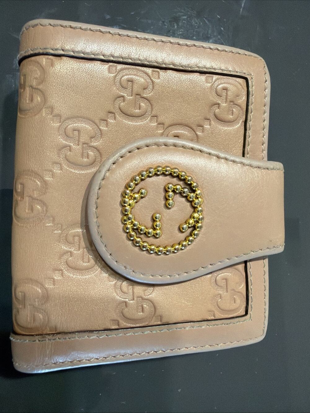 Gucci Guccissima Beige Leather Compact Wallet GG Monogram Bifold Women’s